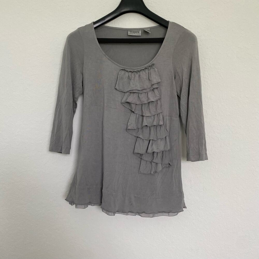 Chico’s Silk Ruffle Top‎ Blouse Gray